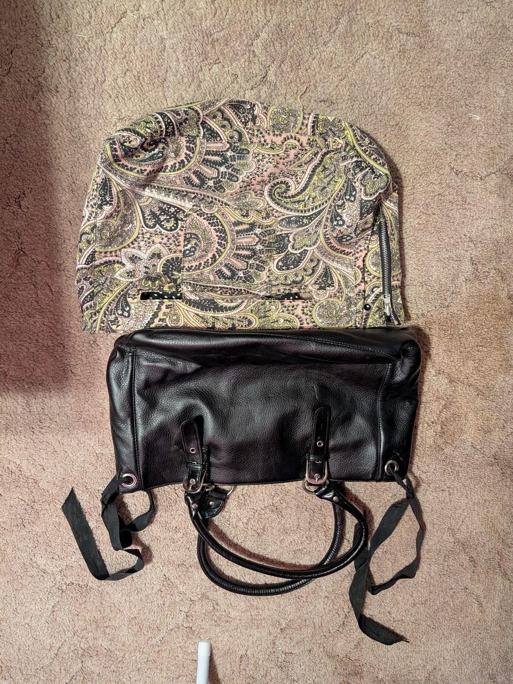 Black Leather Shoulder Bag with Paisley Foldover Accent